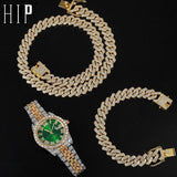 Deal For Najma Doha Qatar Hip Hop 13.5MM 3PCS KIT Heavy Watch+Prong Cuban Necklace+Bracelet Bling Crystal AAA+ Iced Out Rhinestones Chains For Men Jewelry - Boom Boom London