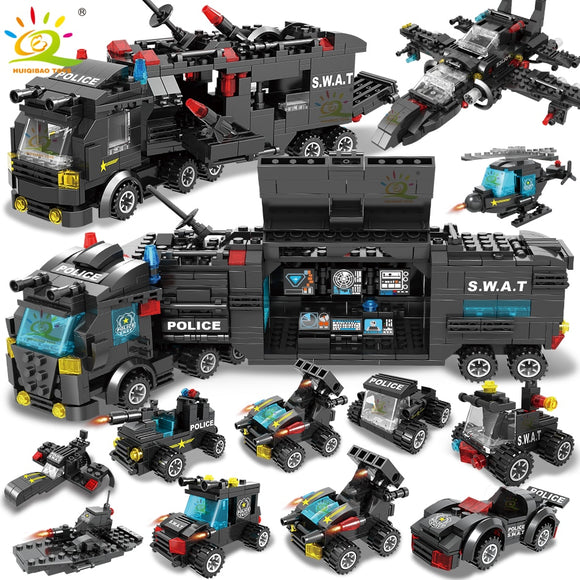 HUIQIBAO SWAT Police Station Truck Model Building Blocks City Machine Helicopter Car Figures Bricks Educational Toy For Children - Boom Boom London