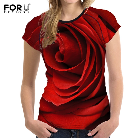 FORUDESIGNS 3D Flower Red Rose Print Women T shirt Fashion O-neck Short Sleeve Crop tops Clothes Brand Fitness Female T-shirts - Boom Boom London