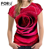 FORUDESIGNS 3D Flower Red Rose Print Women T shirt Fashion O-neck Short Sleeve Crop tops Clothes Brand Fitness Female T-shirts - Boom Boom London