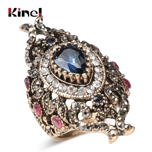 Kinel Luxury Turkish Rings For Lady Women Vintage Style Jewelry Full Rhinestone Big Wide Blue Crystal Flower Ring 2017 New Gift - Boom Boom London