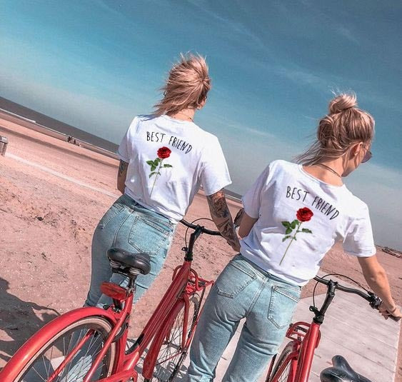 1pcs Women Fashion BEST FRIEND Tshirts Summer Rose Printed Graphic White Tees Summer Short Sleeve Wear Tumblr T Shirt - Boom Boom London