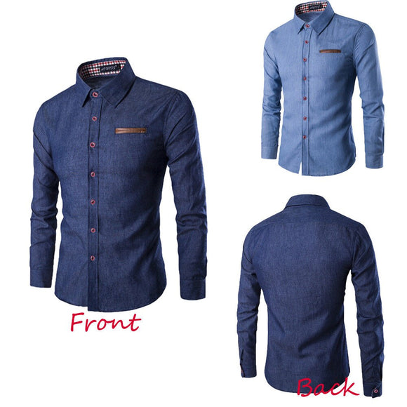 Men's Denim Jeans Dress Shirt Long Sleeve Cotton Stand Collar Solid Shirt Luxury Dress Shirt - Boom Boom London