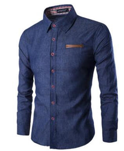 Men's Denim Jeans Dress Shirt Long Sleeve Cotton Stand Collar Solid Shirt Luxury Dress Shirt - Boom Boom London