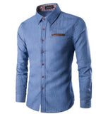 Men's Denim Jeans Dress Shirt Long Sleeve Cotton Stand Collar Solid Shirt Luxury Dress Shirt - Boom Boom London